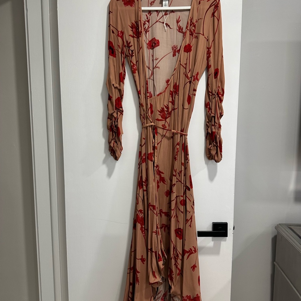 Johanna Ortiz Pink Maxi Dress with Plunge Neckline and Bishop Sleeves